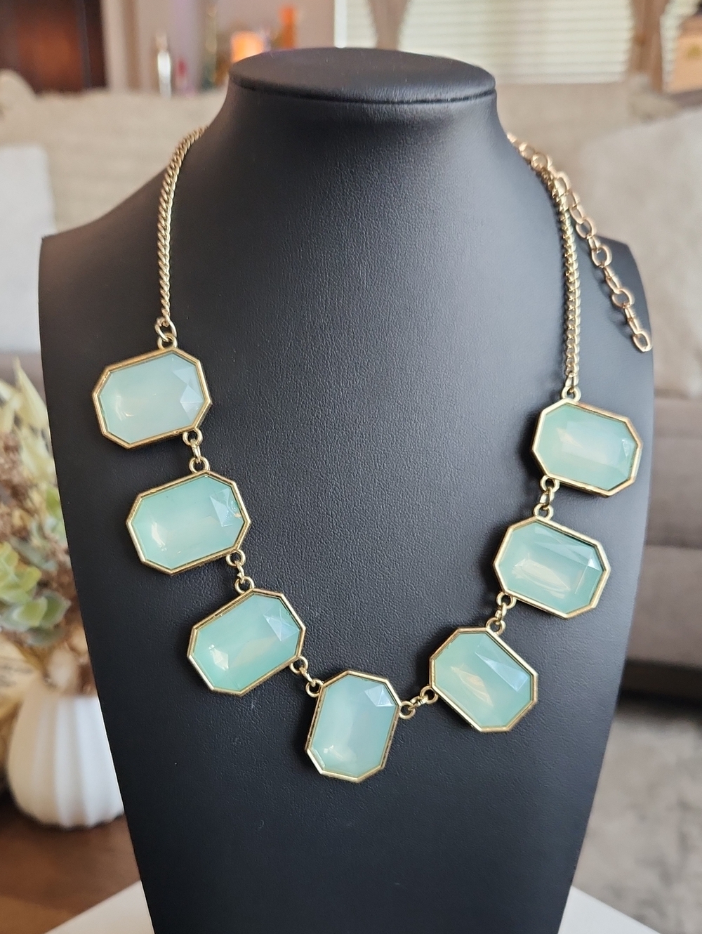 Gold Tone Chain Statement Necklace with Mint Green Gemstones Vintage